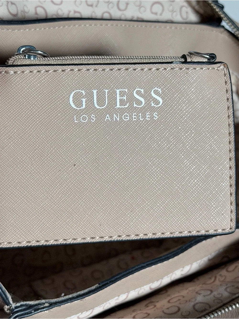 Guess Blush Taupe Leather Satchel with Logo Medallion w/ Card Wallet Holder